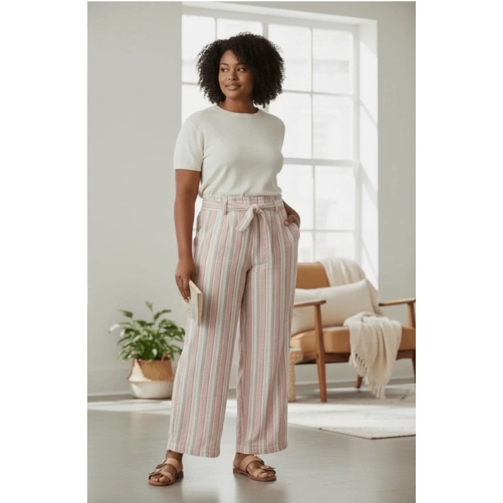 Land 'N Sea Pink Striped Linen Blend Wide Leg Crop Pants Medium 307A9333HA